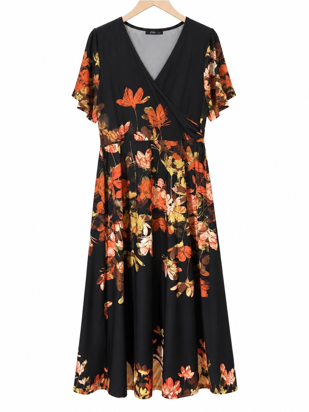 Black Floral Maxi Wrap Dress with Orange & Cream Blooms